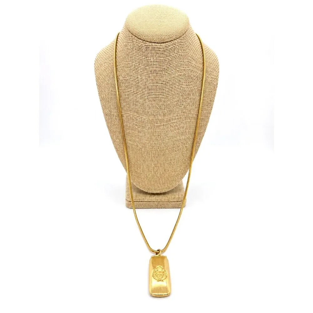 VINTAGE LIZ CLAIBORNE Necklace Gold Tone Heraldic Crest Bar Pendant Snake Chain
